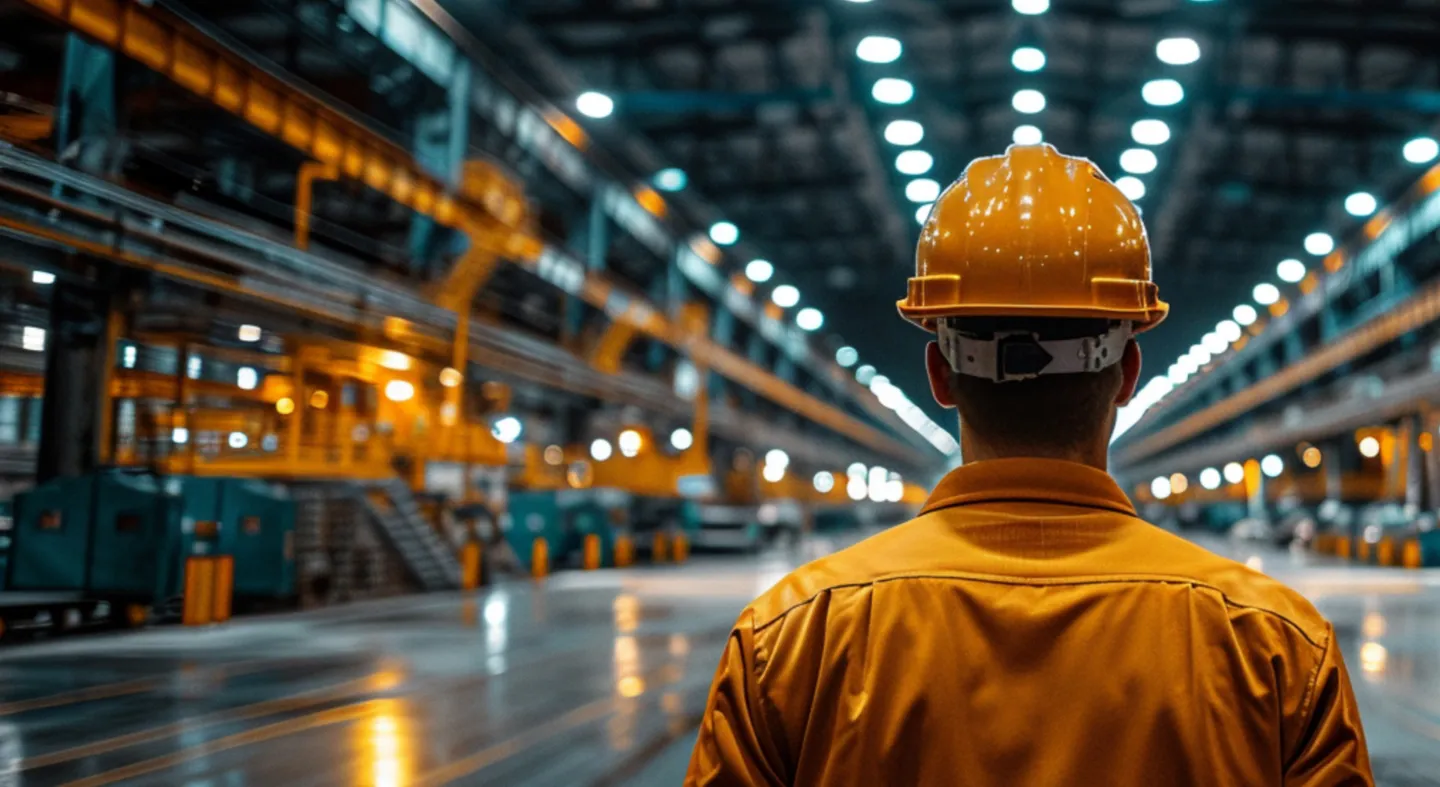 Fabrikarbeiter mit Helm auf der Fertigungslinie