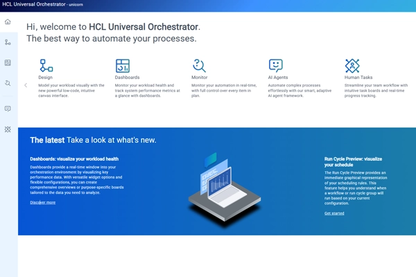 Startbildschirm von HCL Universal Orchestrator mit Design, Dashboards, Monitor und KI-Agenten